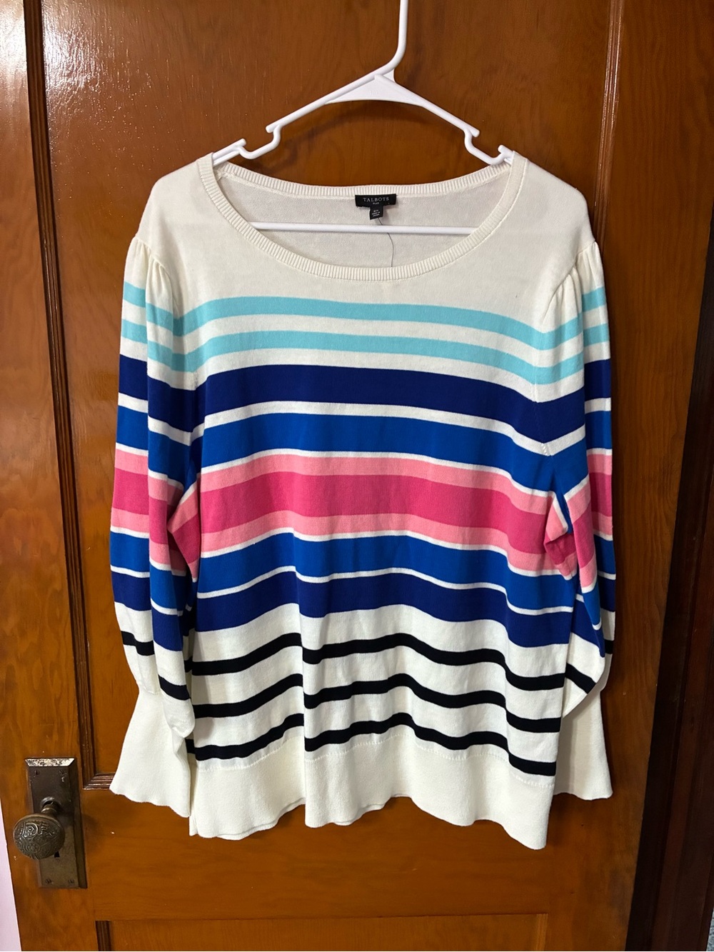 #34 - NWT Talbots Striped Scoop-Neck Pullover in Cream, Blue & Pink